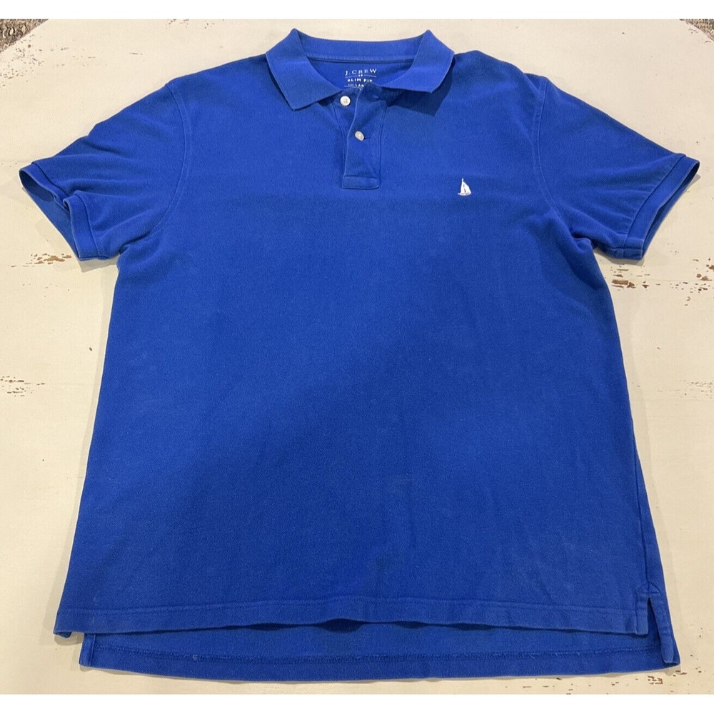 J. Crew Polo Shirt Men L Large Slim Fit  Blue Short Sleeve Cotton Sail Boat Logo